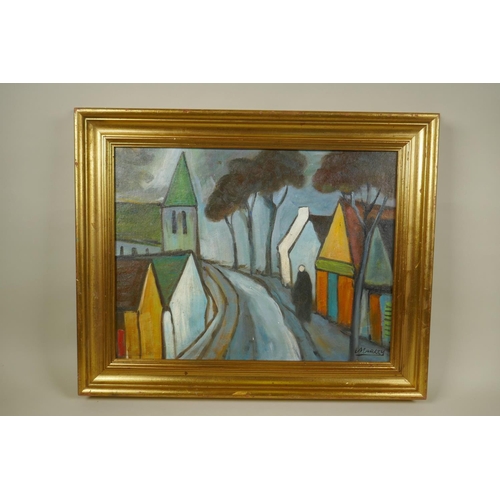 840 - Irish school, figures on a village lane, oil on canvas board, 46 x 35cm