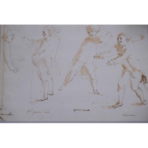 841 - Studies of C18th stage characters, inscribed Cacarella(?), Mr Goth, Calandrone, pen and wash on pape... 