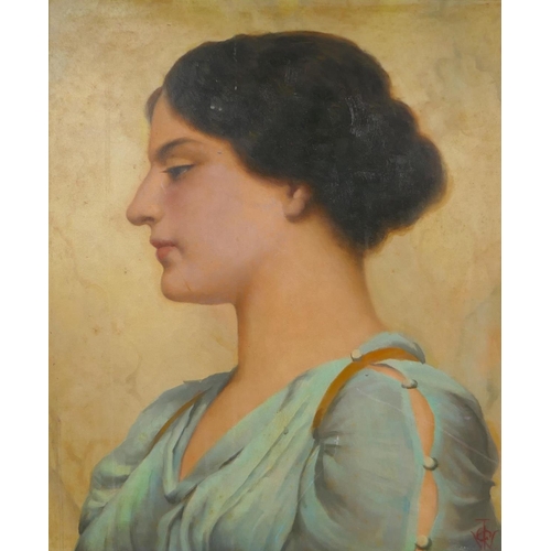 843 - Pre-Raphaelite style portrait of a Roman beauty, after John William Godward, oil on canvas laid on b... 