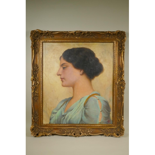 843 - Pre-Raphaelite style portrait of a Roman beauty, after John William Godward, oil on canvas laid on b... 