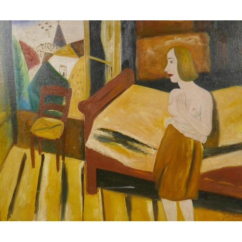 844 - Flemish expressionist, semi clad nude in an interior, oil on canvas laid on board, 58 x 48cm