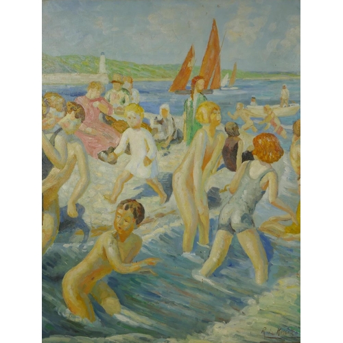 848 - St Ives School, bathers in the waves, oil on canvas laid on board, 45 x 57cm