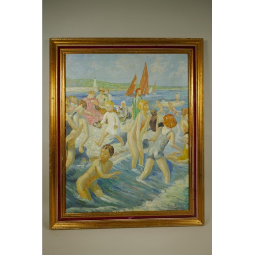 848 - St Ives School, bathers in the waves, oil on canvas laid on board, 45 x 57cm