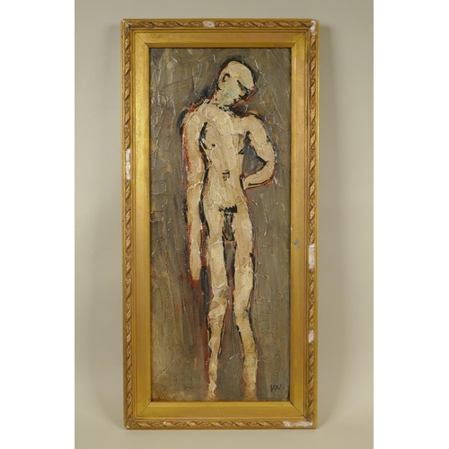 850 - Post war abstract, portrait of a male nude, impasto oil on canvas, 21 x 52cm