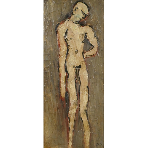 850 - Post war abstract, portrait of a male nude, impasto oil on canvas, 21 x 52cm