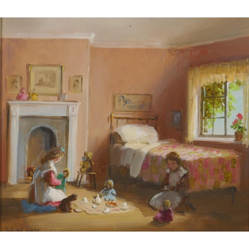 852 - Deborah Jones, (British, 1921-2012), tea party in the nursery, oil on board, 26 x 23cm