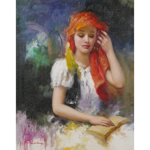 853 - After Pino Daeni, (Italian, 1939-2010), impressionist style portrait of an Italian girl, and still l... 