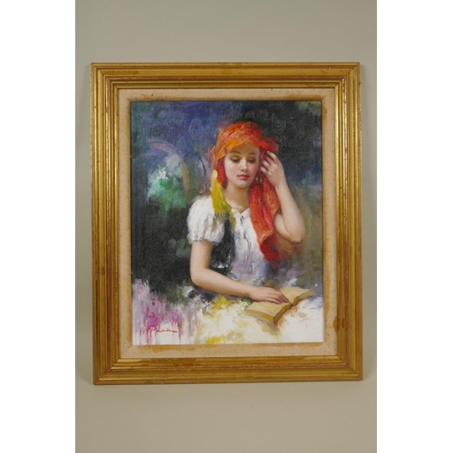 853 - After Pino Daeni, (Italian, 1939-2010), impressionist style portrait of an Italian girl, and still l... 