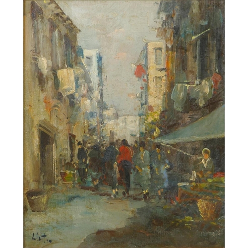 854 - Giuseppe Elettro, figures in an Italian street, Alassio, signed, oil on canvas laid on board, 30 x 2... 