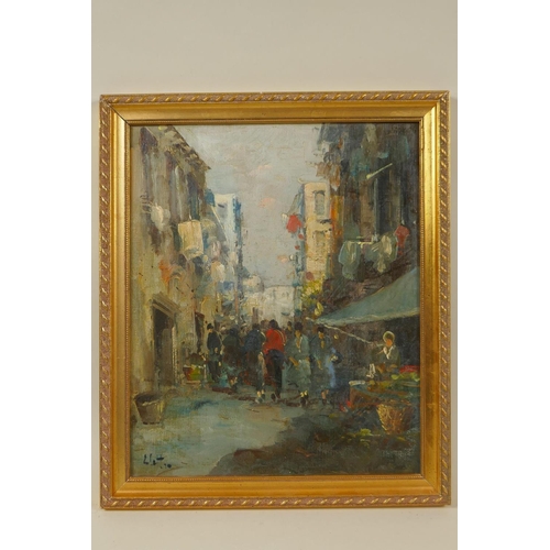 854 - Giuseppe Elettro, figures in an Italian street, Alassio, signed, oil on canvas laid on board, 30 x 2... 