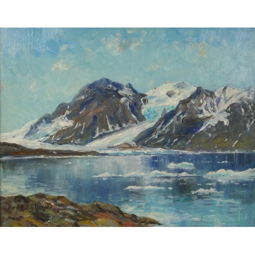 862 - Fred R. Fitzgerald, fjord scene, inscribed verso Spitzbergen, signed, oil on board, 32 x 40cm