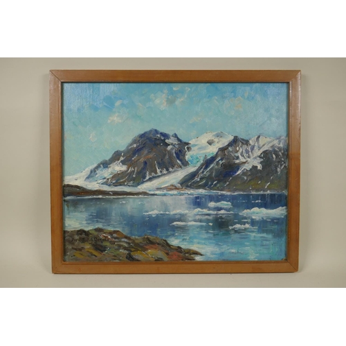 862 - Fred R. Fitzgerald, fjord scene, inscribed verso Spitzbergen, signed, oil on board, 32 x 40cm