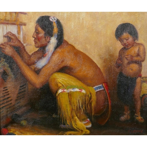 863 - In the manner of Eanger Irving Couse, (American, 1866-1936), Native American weaver, oil on board, 3... 