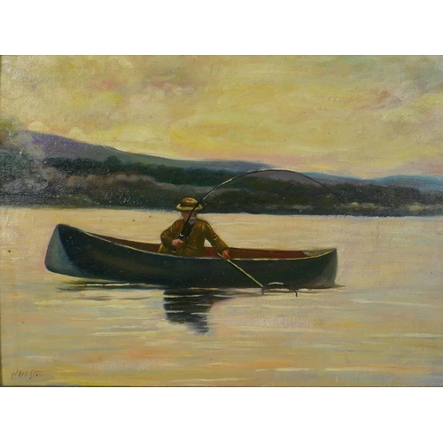 864 - Impressionist style, fisherman in a canoe, oil on board, 39 x 30cm