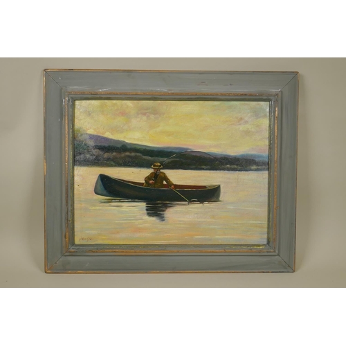 864 - Impressionist style, fisherman in a canoe, oil on board, 39 x 30cm