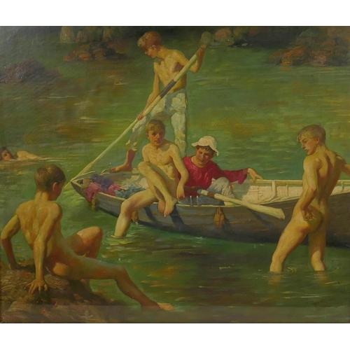 865 - British impressionist, boys playing in a creek, oil on canvas board, 53 x 46cm