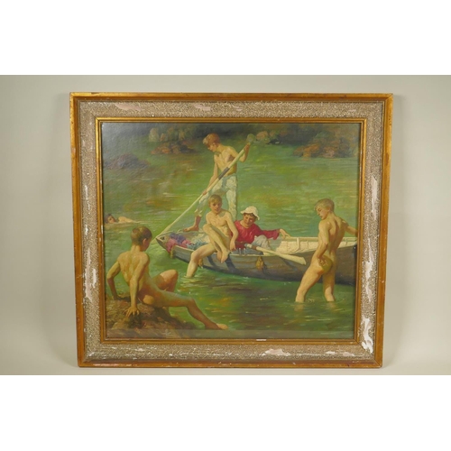 865 - British impressionist, boys playing in a creek, oil on canvas board, 53 x 46cm