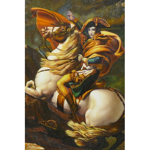 867 - After Jacques-Louis David, Napoleon Crossing the Alps, signed Bal, oil on board, 30 x 40cm