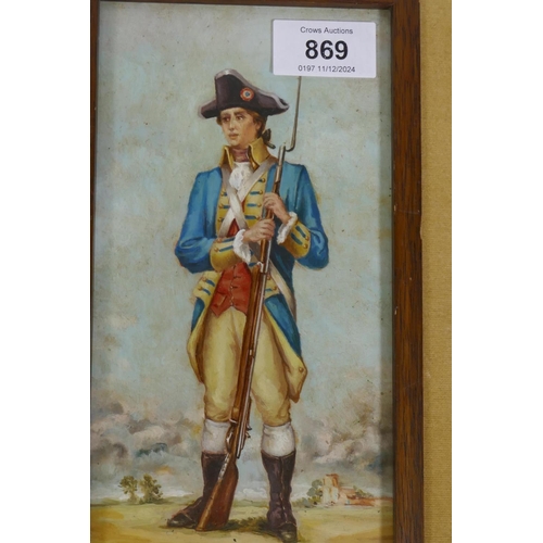 869 - Study of a French Napoleonic musketeer, signed Linsley, mid C20th(?), oil on millboard, 11 x 22cm