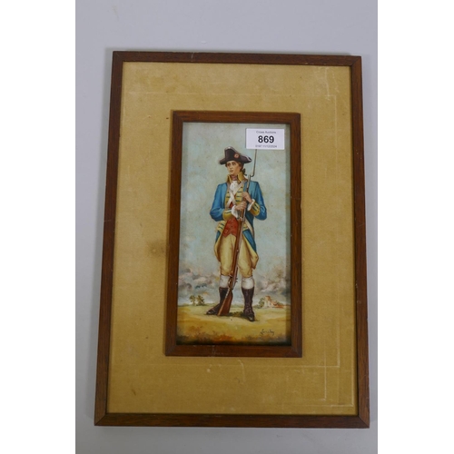 869 - Study of a French Napoleonic musketeer, signed Linsley, mid C20th(?), oil on millboard, 11 x 22cm