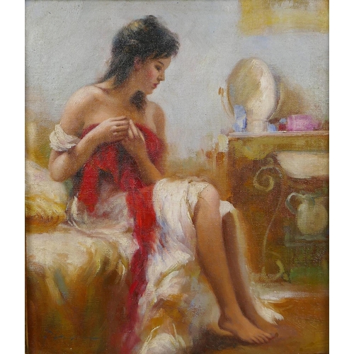 870 - Italian impressionist painting, study of a girl dressing, oil on canvas board, 25 x 29cm