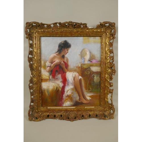 870 - Italian impressionist painting, study of a girl dressing, oil on canvas board, 25 x 29cm