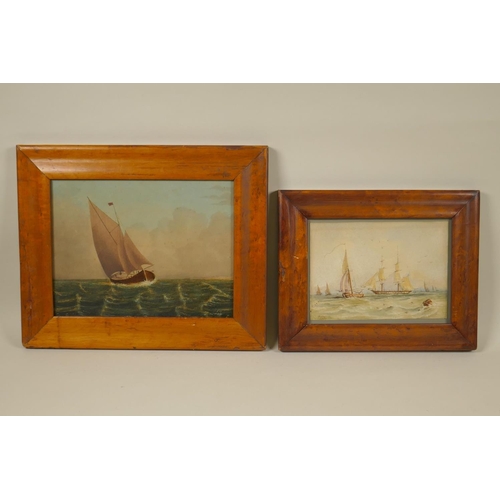 871 - Two C19th maritime scenes in maple wood frames, one inscribed 'Joy', the other indistinctly signed, ... 