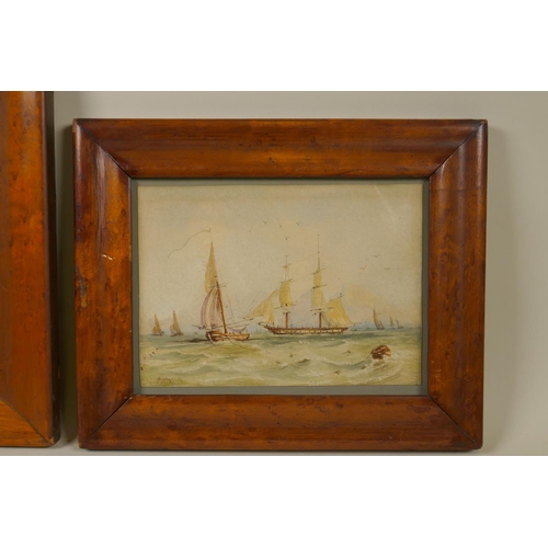 871 - Two C19th maritime scenes in maple wood frames, one inscribed 'Joy', the other indistinctly signed, ... 