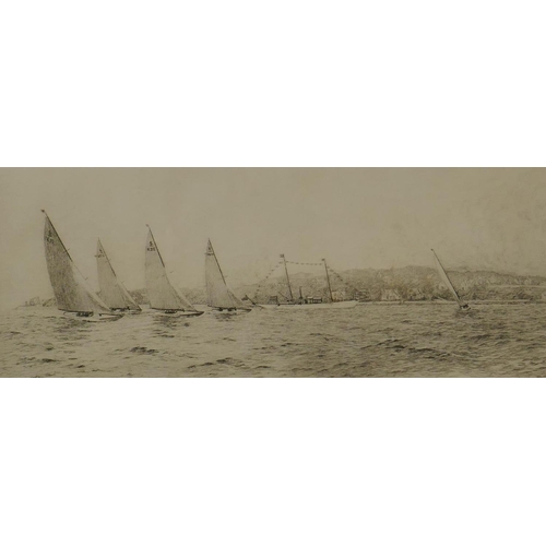 872 - W. Stewart Collie, signed etching, inscribed on label verso 'Six metres racing on the Clyde', 14 x 3... 