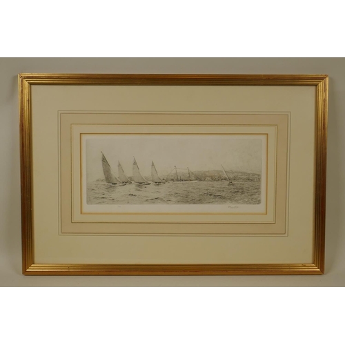 872 - W. Stewart Collie, signed etching, inscribed on label verso 'Six metres racing on the Clyde', 14 x 3... 