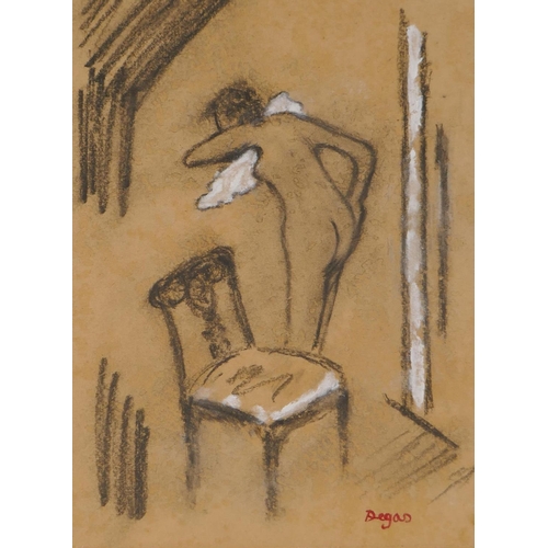 878 - Female bather in an interior, bears stamped signature 'Degas', charcoal drawing, unframed, 45 x 19cm