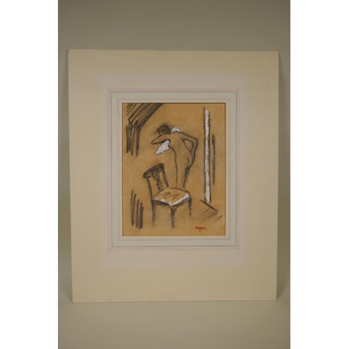 878 - Female bather in an interior, bears stamped signature 'Degas', charcoal drawing, unframed, 45 x 19cm