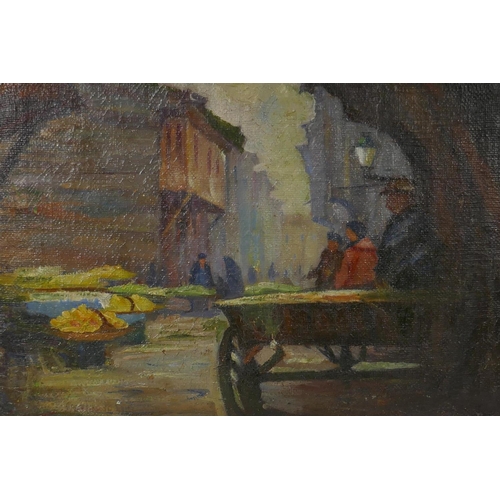 879 - Attributed to Mary McCrossan, figures at a street market, signed twice verso, oil on canvas, 42 x 56... 