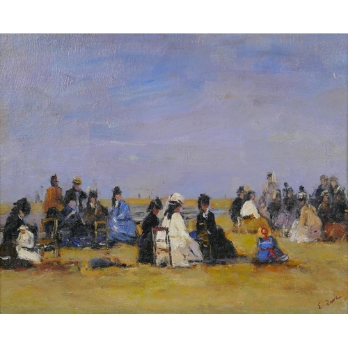 882 - After Eugene Boudin, (French, 1824-1898), beach scene, oil on canvas laid on board, 39 x 33cm