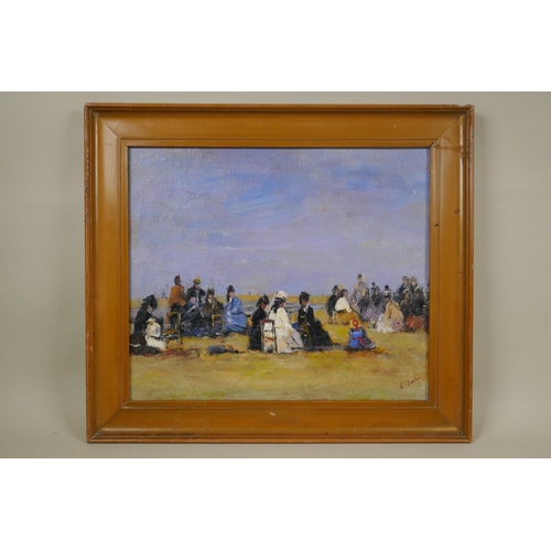 882 - After Eugene Boudin, (French, 1824-1898), beach scene, oil on canvas laid on board, 39 x 33cm