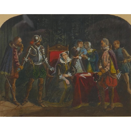 885 - A C19th miniature in maple wood frame, Mary Queen of Scots with attendants, watercolour, 10 x 13cm