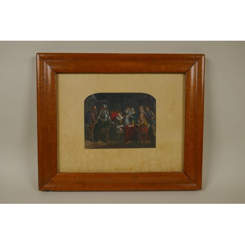 885 - A C19th miniature in maple wood frame, Mary Queen of Scots with attendants, watercolour, 10 x 13cm