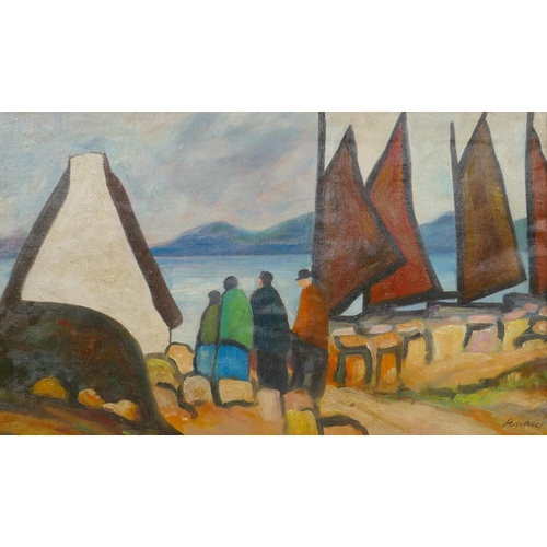 887 - Irish school, figures by a dock, oil on canvas, 48 x 29cm