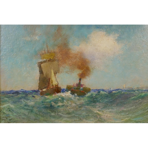 889 - Vincent Philip Yglesias, maritime scene with tug boat and other shipping, signed, oil on board, 18 x... 