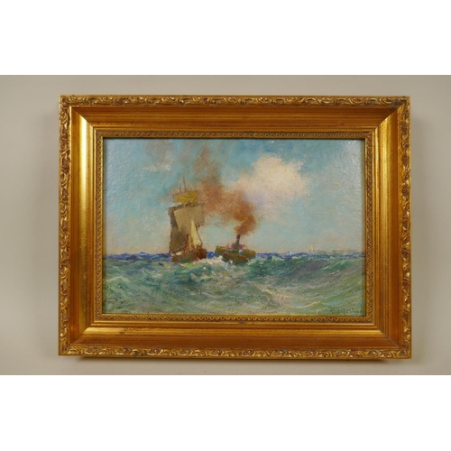 889 - Vincent Philip Yglesias, maritime scene with tug boat and other shipping, signed, oil on board, 18 x... 