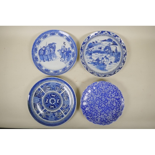 89 - Three C19th Chinese blue and white porcelain plates, decorated with figures in a landscape, immortal... 