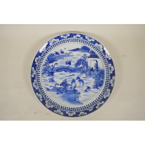 89 - Three C19th Chinese blue and white porcelain plates, decorated with figures in a landscape, immortal... 