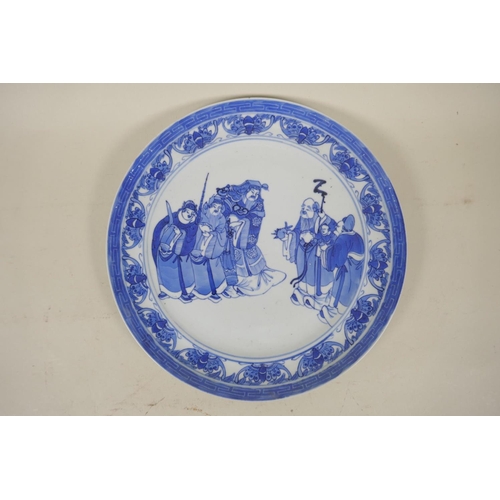 89 - Three C19th Chinese blue and white porcelain plates, decorated with figures in a landscape, immortal... 