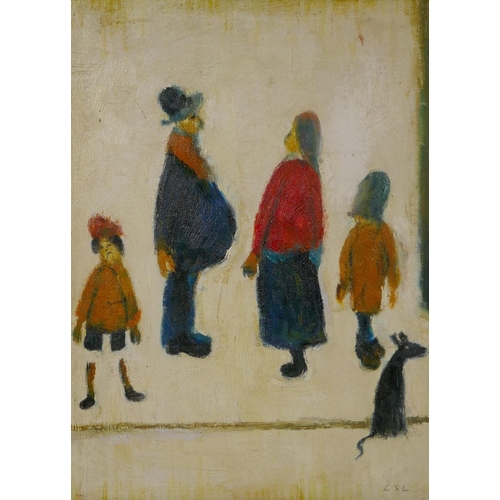 893 - After L.S. Lowry, (1887-1976), figures and a dog, oil on board, 40 x 30cm