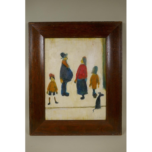 893 - After L.S. Lowry, (1887-1976), figures and a dog, oil on board, 40 x 30cm