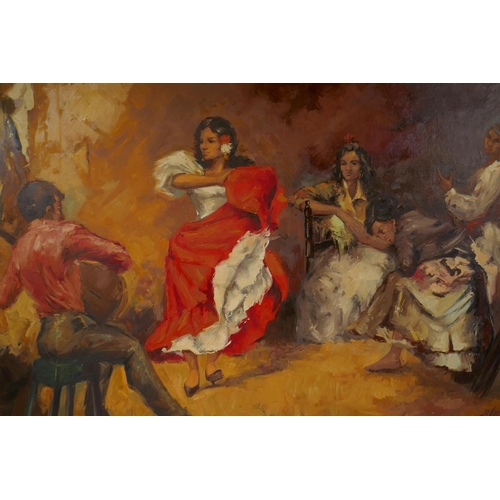 894 - A. Lucas, flamenco dancers, signed, oil on canvas, unframed, 59 x 90cm