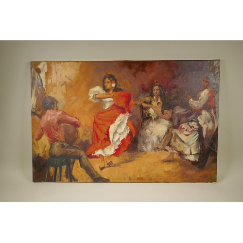 894 - A. Lucas, flamenco dancers, signed, oil on canvas, unframed, 59 x 90cm