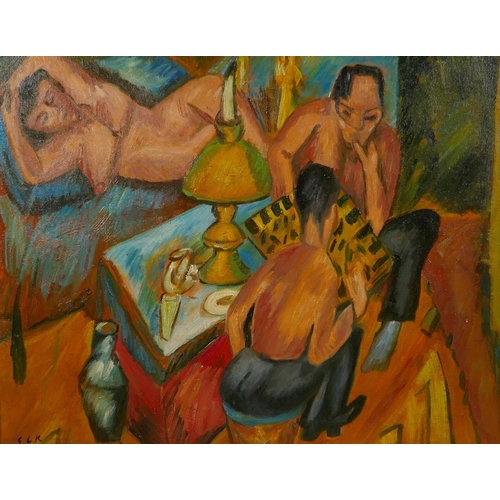 895 - German School, expressionist study of three semi clad figures, oil on canvas laid on board, 50 x 39c... 