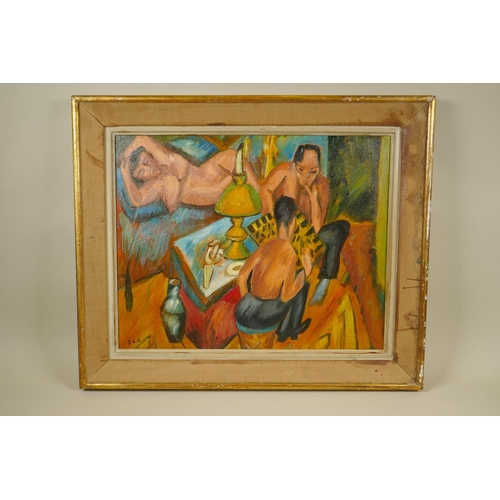 895 - German School, expressionist study of three semi clad figures, oil on canvas laid on board, 50 x 39c... 