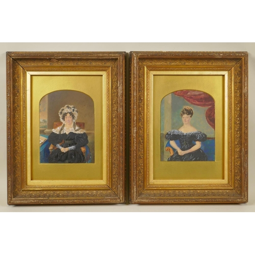 896 - A pair of C19th miniature portraits, seated ladies, 17 x 12cm